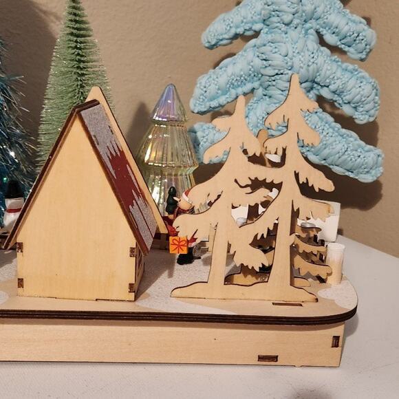 Wooden nwt LED Chalet scene winter Christmas display with snowman trees & person - Picture 12 of 12